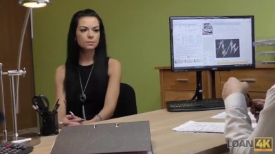 Long haired brunette Inga comes to a small loan company